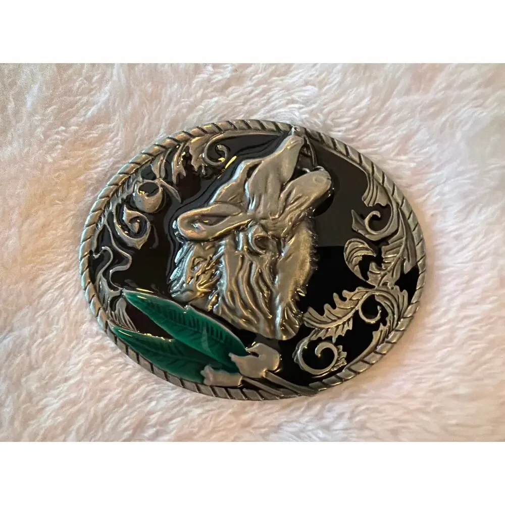 Vintage Western Horse Head Belt Buckle Black Enamel Green Feather Silver Tone